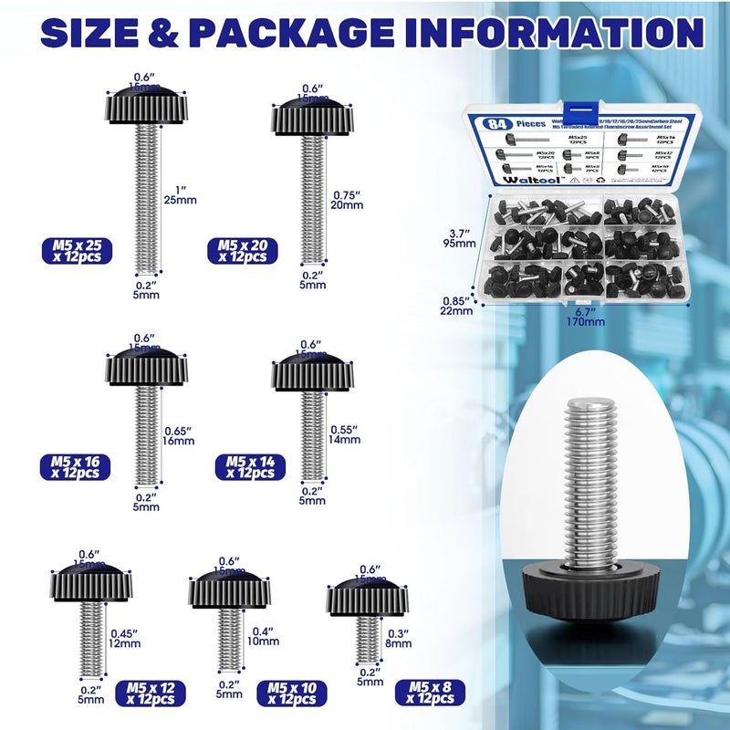 Waltool 84Pcs 7 Sizes Carbon Thumbscrew Assortment Set, M5 x 8/10/12/14/16/20/25mm Screw on Thread Knurled Round Clamping Knobs Handle Bolts Grip Thumb Screws for Machine - Image 2