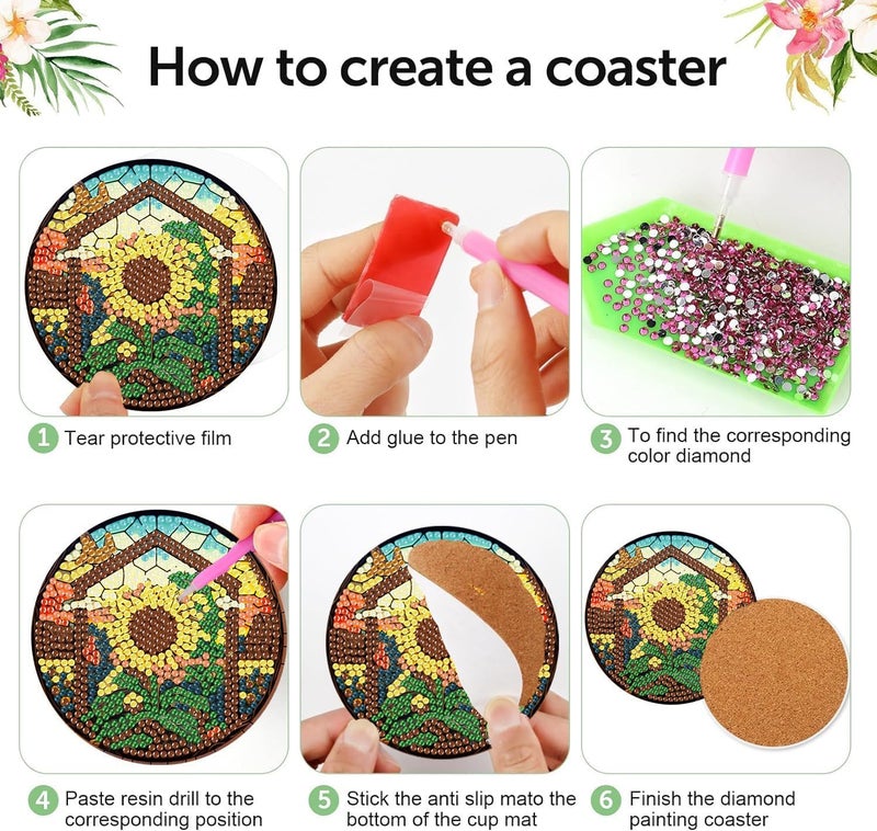 Meothan 8 PCS Sunflower Diamond Art Coasters Kit- Flowers Diamond Painting Coasters Kits with Holder Cork Pads DIY Fall Truck Diamond Art Coasters Set for Adults Beginners Crafts Supplies - Image 5