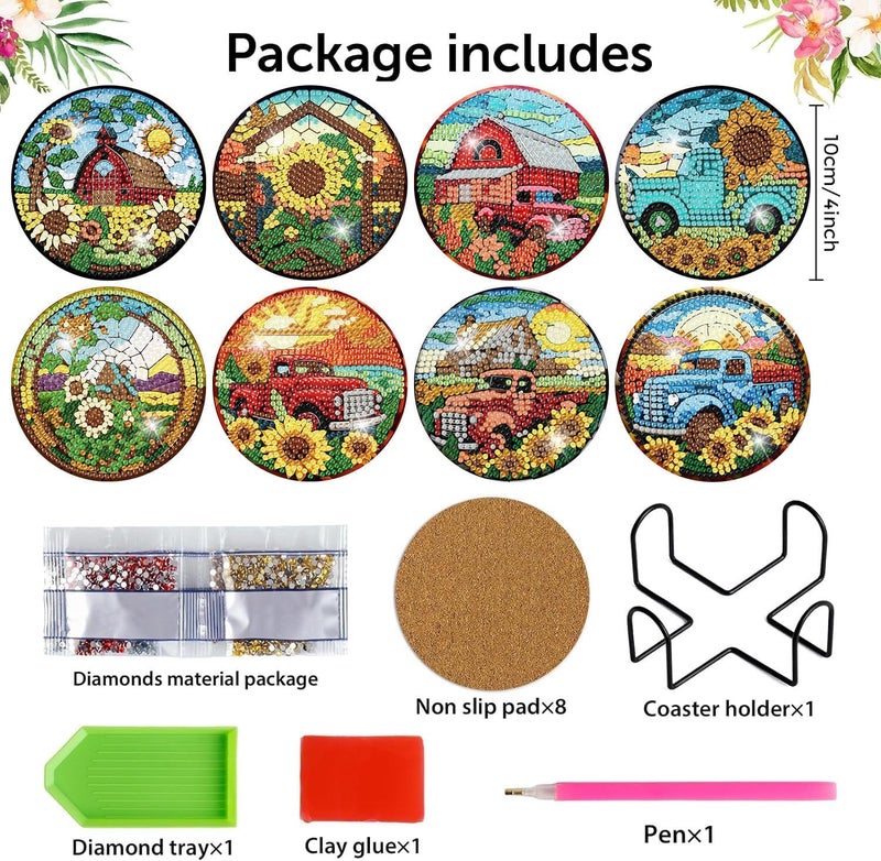 Meothan 8 PCS Sunflower Diamond Art Coasters Kit- Flowers Diamond Painting Coasters Kits with Holder Cork Pads DIY Fall Truck Diamond Art Coasters Set for Adults Beginners Crafts Supplies - Image 2