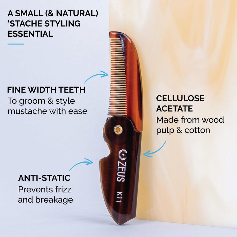 ZEUS Folding Mustache Comb for Men, Handmade Saw-Cut Pocket Comb for Men’s Beard & Moustache Grooming, Compact & Travel Friendly (Traditional) K11 - Image 2