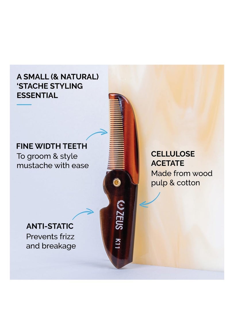 Zeus - ZEUS Folding Mustache Comb, Handmade Saw-Cut Best Moustache Pocket Comb - (Traditional) - K11 - Image 1