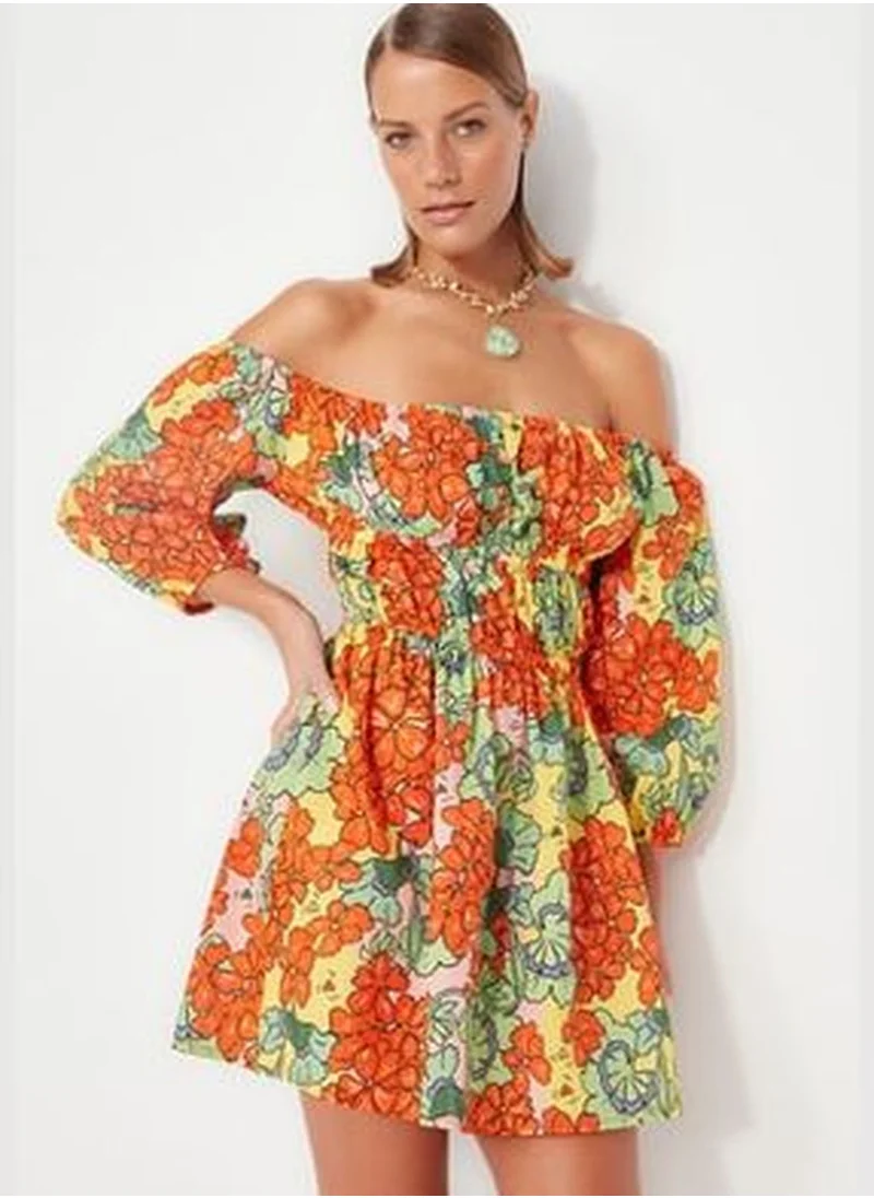 trendyol Floral Patterned Mini Weave Pleated 100% Cotton Beach Dress TBESS23EL00113