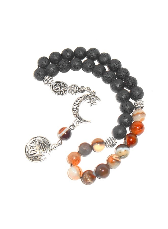 سبحة يدوية الصنع - 22 خرزة لافا سوداء و11 خرزة عقيق سليماني بني (8 ملم) مع كيس خيش هدية - 33 خرزة - Image 1