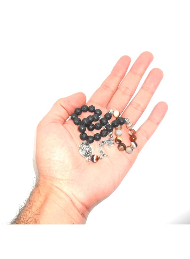 سبحة يدوية الصنع - 22 خرزة لافا سوداء و11 خرزة عقيق سليماني بني (8 ملم) مع كيس خيش هدية - 33 خرزة - Image 4