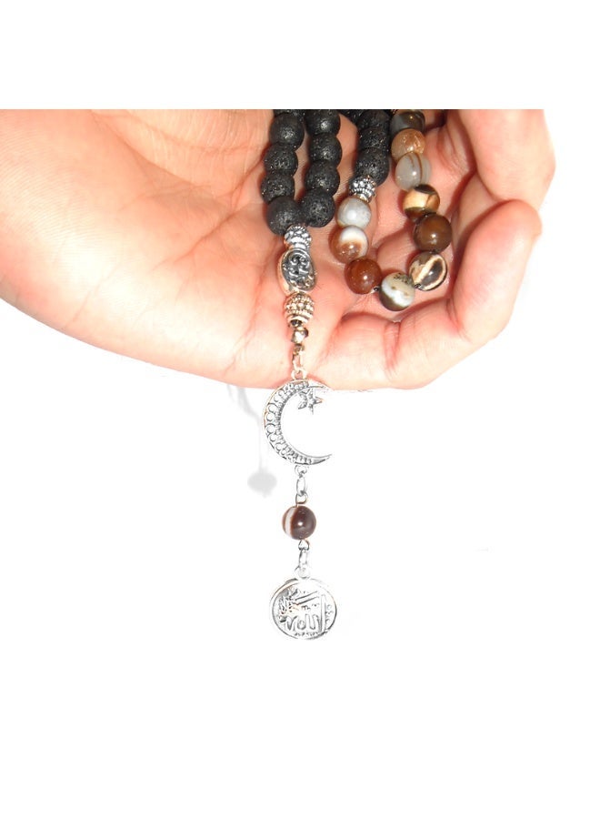 سبحة يدوية الصنع - 22 خرزة لافا سوداء و11 خرزة عقيق سليماني بني (8 ملم) مع كيس خيش هدية - 33 خرزة - Image 5