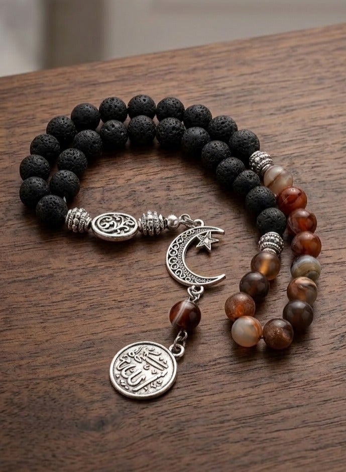 Handmade Rosary - Lava 22 Black & Agate 11 Brown Sulemani Beads (8mm) with Gift Jute Pouch - 33 Beads - Image 1