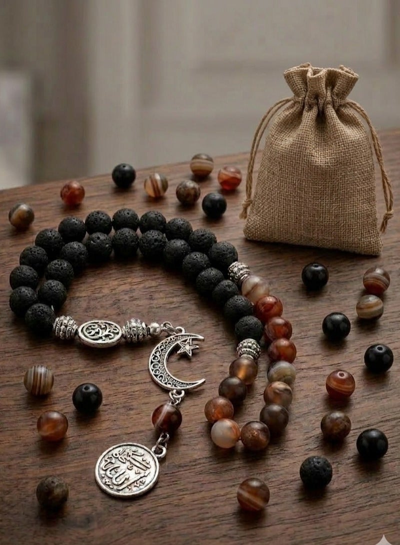 Handmade Rosary - Lava 22 Black & Agate 11 Brown Sulemani Beads (8mm) with Gift Jute Pouch - 33 Beads - Image 2