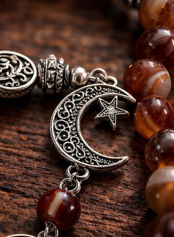 Handmade Rosary - Lava 22 Black & Agate 11 Brown Sulemani Beads (8mm) with Gift Jute Pouch - 33 Beads - Image 3