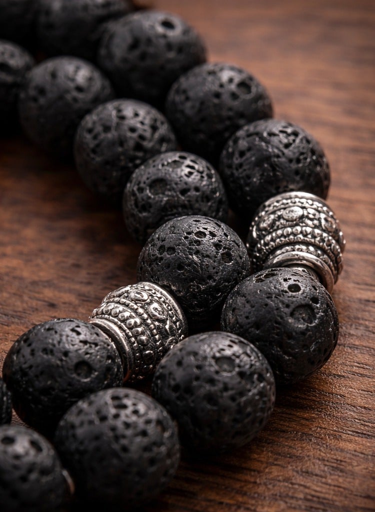 Handmade Rosary - Lava 22 Black & Agate 11 Brown Sulemani Beads (8mm) with Gift Jute Pouch - 33 Beads - Image 4