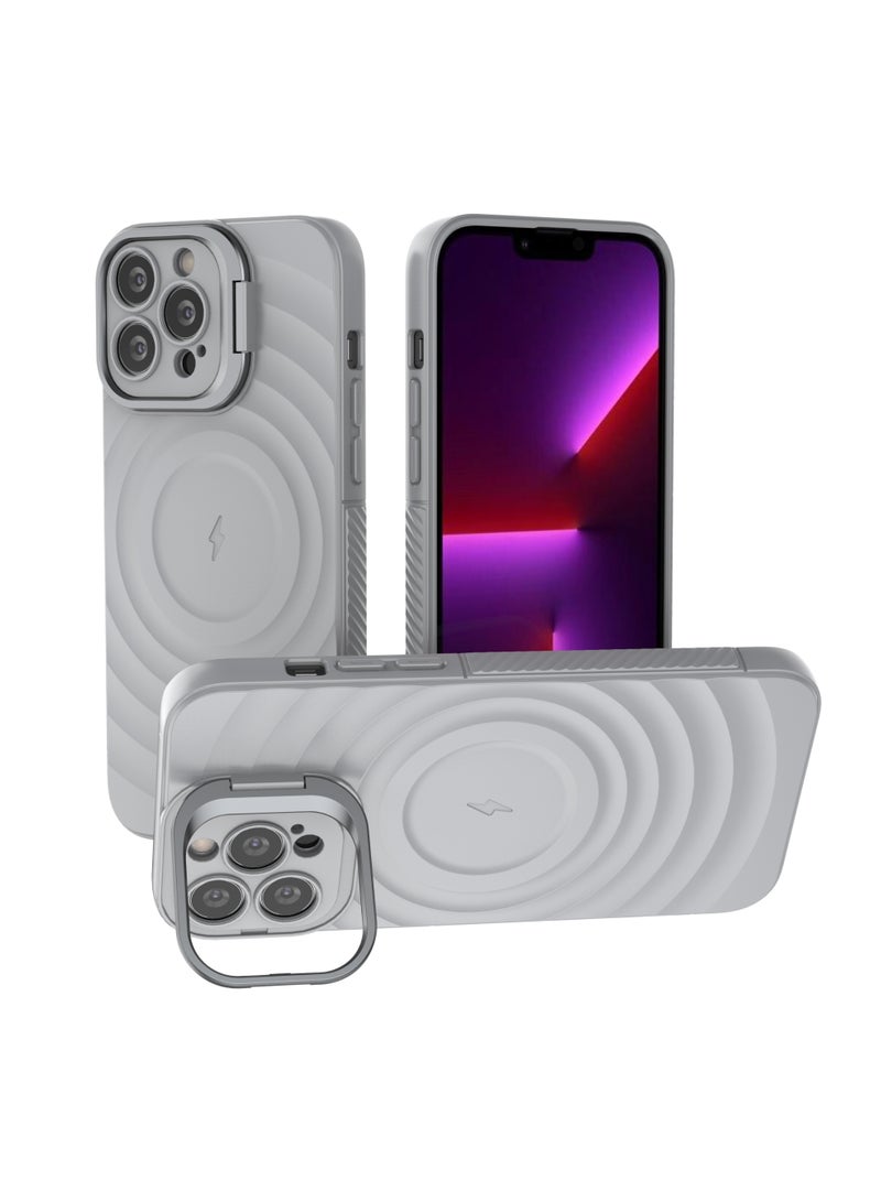 غطاء حمايه لهاتف ايفون 13 برو ماكس جراب ارمور مغناطيسي ياتي بحواف مرتفعة حول الشاشة وعدسة الكاميرا تساعد على منع الخدوش معا استاند للكاميرا - رمادي - Image 1