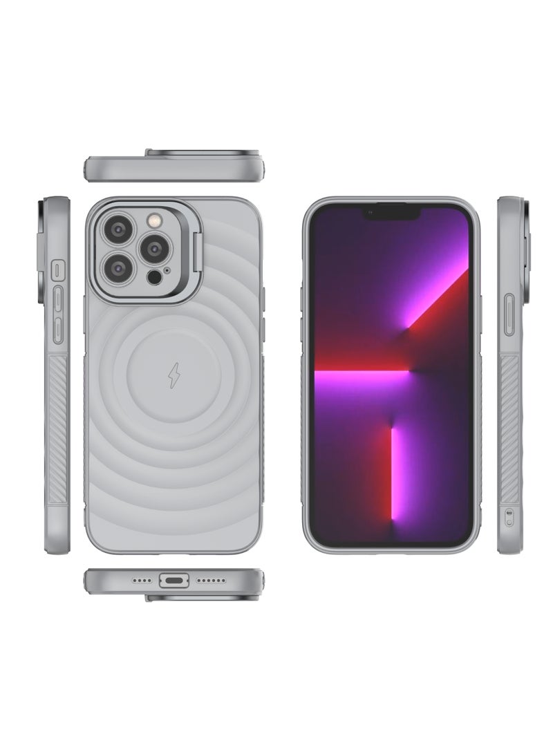 غطاء حمايه لهاتف ايفون 13 برو ماكس جراب ارمور مغناطيسي ياتي بحواف مرتفعة حول الشاشة وعدسة الكاميرا تساعد على منع الخدوش معا استاند للكاميرا - رمادي - Image 2