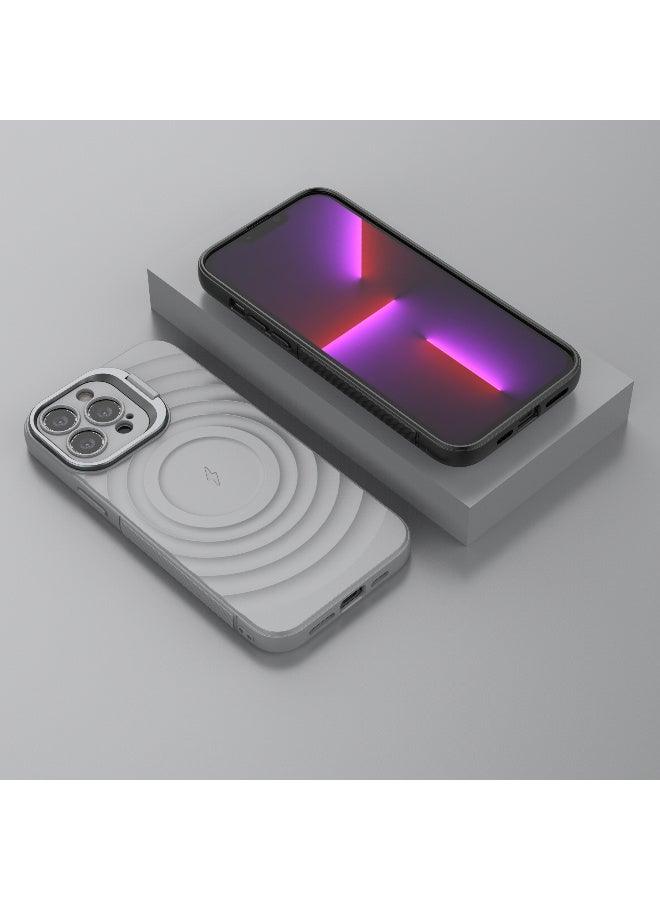 غطاء حمايه لهاتف ايفون 13 برو ماكس جراب ارمور مغناطيسي ياتي بحواف مرتفعة حول الشاشة وعدسة الكاميرا تساعد على منع الخدوش معا استاند للكاميرا - رمادي - Image 4