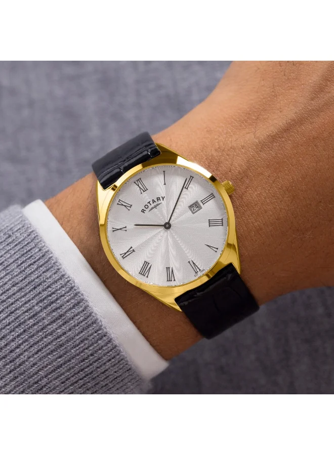 Rotary  Rotary Men's Ultra SlimGold Plated Stainless Steel Black Leather Strap Watch - GS08013/01 for Men | Best Price UAE