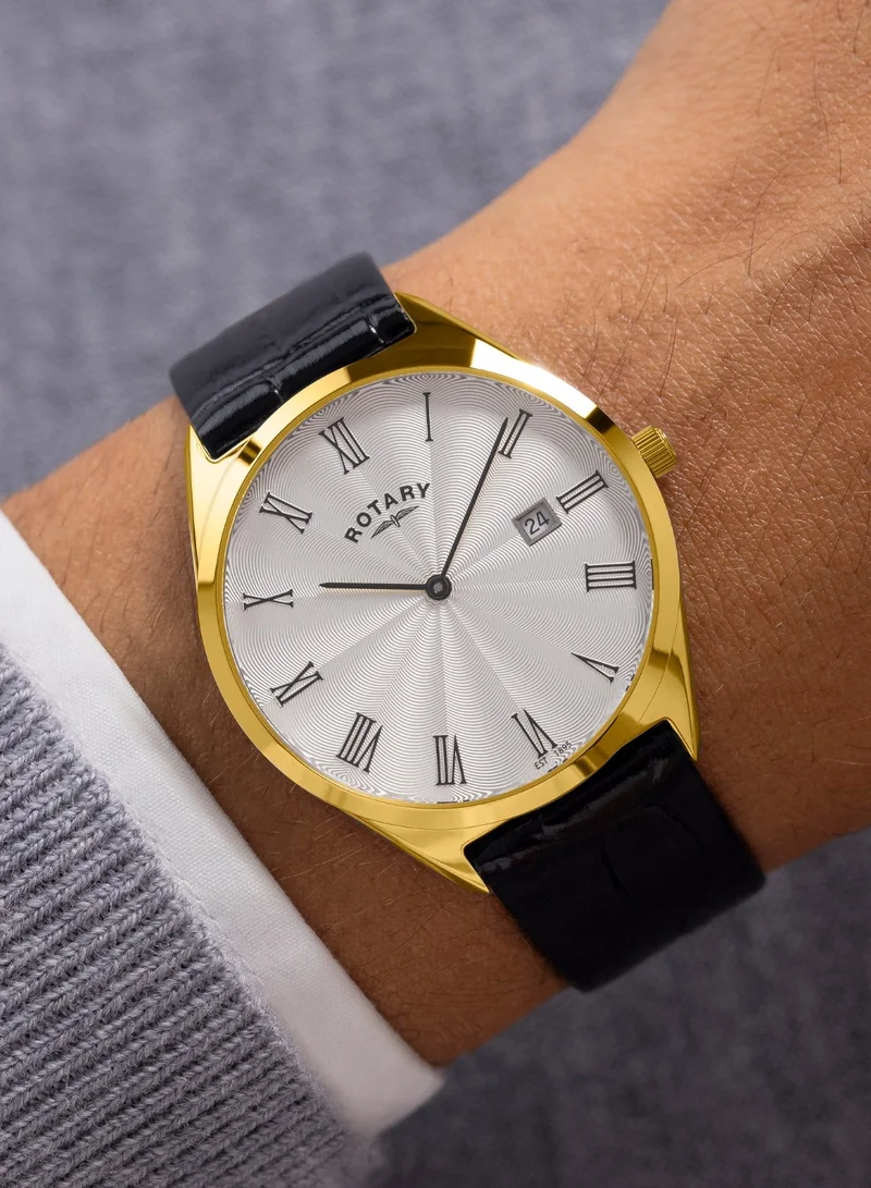 Rotary  Men's Ultra Slim Analogue Watch, 38 mm, Silver Dial, Black Leather Strap for Men | Best Price UAE