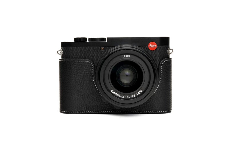 BolinUS Leica Q2 Camera Case, BolinUS Handmade Genuine Real Leather Half Camera Case Bag Cover for Leica Q2 Camera Bottom Opening Version + Hand Strap (Black) - Image 1