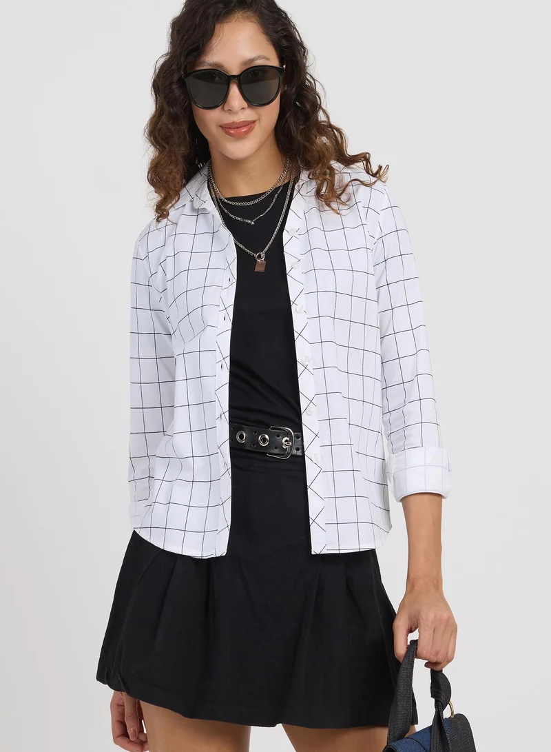 بينيا كولادا Women's Daisy White Graph Check Shirt For Casual Wear | Spread Collar | Long Sleeves | Button Closure | Shirt Designed With Comfortable Fit For Woman & Girls