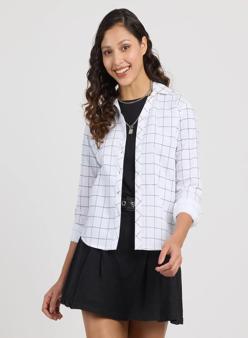بينيا كولادا Women's Daisy White Graph Check Shirt For Casual Wear | Spread Collar | Long Sleeves | Button Closure | Shirt Designed With Comfortable Fit For Woman & Girls
