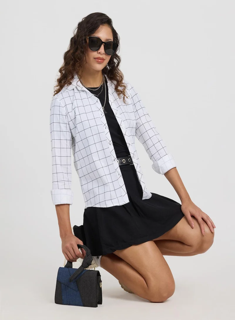 PINACOLADA Women's Daisy White Graph Check Shirt For Casual Wear | Spread Collar | Long Sleeves | Button Closure | Shirt Designed With Comfortable Fit For Woman & Girls