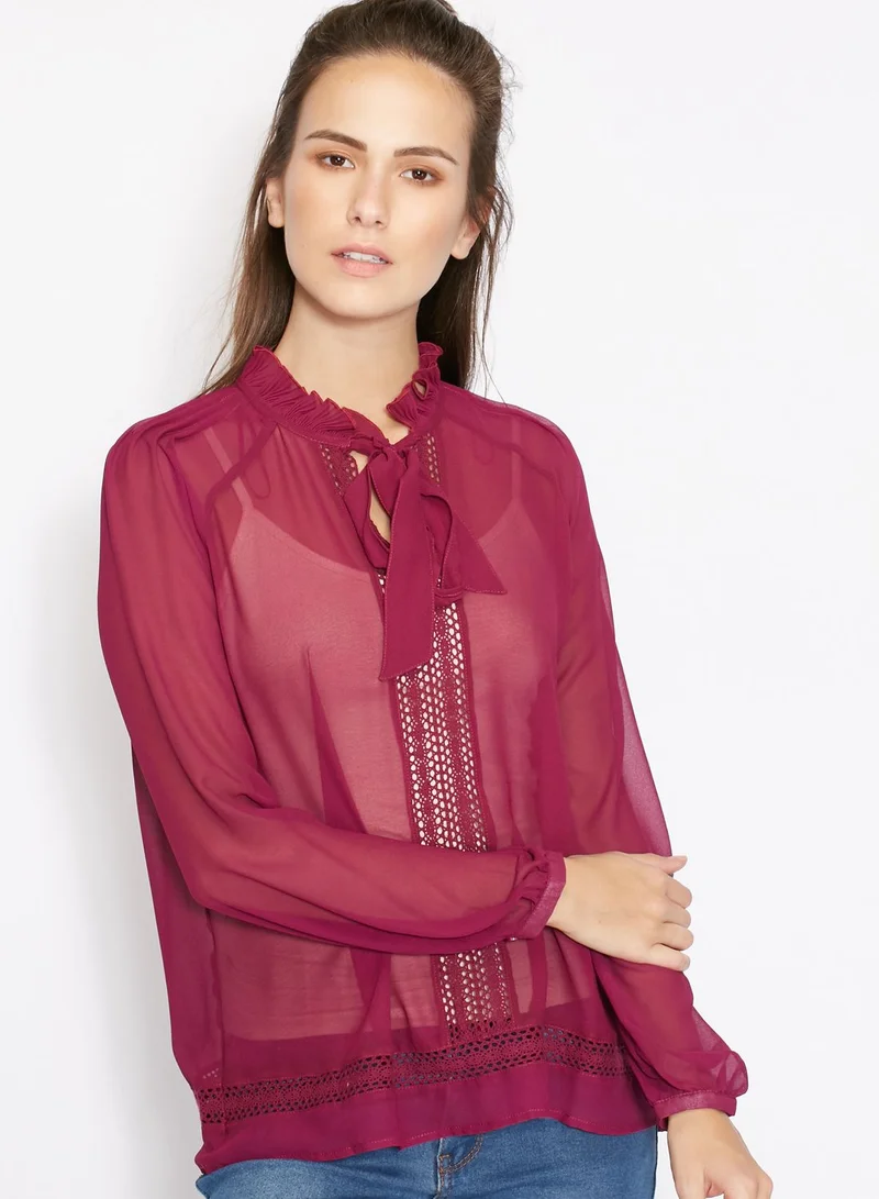 ELLA Sheer Tie Neck Ruffle Top