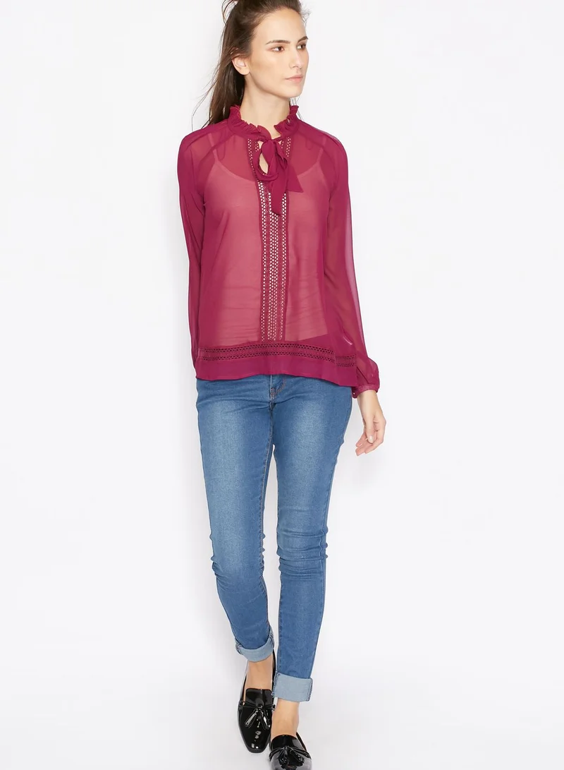 ELLA Sheer Tie Neck Ruffle Top