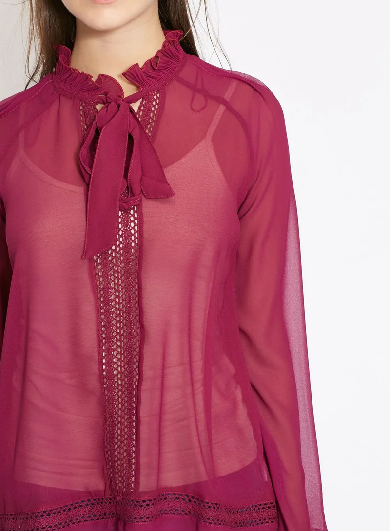 ELLA Sheer Tie Neck Ruffle Top