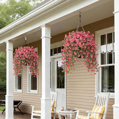 GLIDLION 4 PCS Artificial Morning Glory & Eucalyptus for Outside, Realistic Sun Resistant Fake Silk Hang Flower Faux Eucalyptus Leave for Patio Farmhouse Garden Porches Balcony Decor (Rose Red) - Image 4
