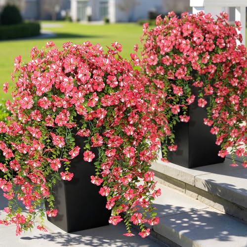 GLIDLION 4 PCS Artificial Morning Glory & Eucalyptus for Outside, Realistic Sun Resistant Fake Silk Hang Flower Faux Eucalyptus Leave for Patio Farmhouse Garden Porches Balcony Decor (Rose Red) - Image 1