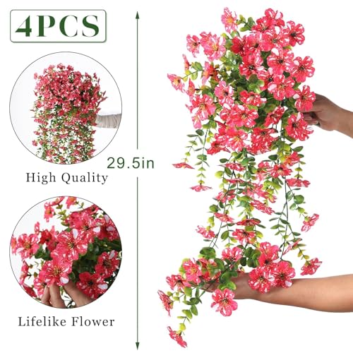 GLIDLION 4 PCS Artificial Morning Glory & Eucalyptus for Outside, Realistic Sun Resistant Fake Silk Hang Flower Faux Eucalyptus Leave for Patio Farmhouse Garden Porches Balcony Decor (Rose Red) - Image 5