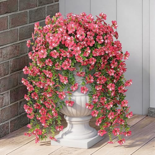 GLIDLION 4 PCS Artificial Morning Glory & Eucalyptus for Outside, Realistic Sun Resistant Fake Silk Hang Flower Faux Eucalyptus Leave for Patio Farmhouse Garden Porches Balcony Decor (Rose Red) - Image 2