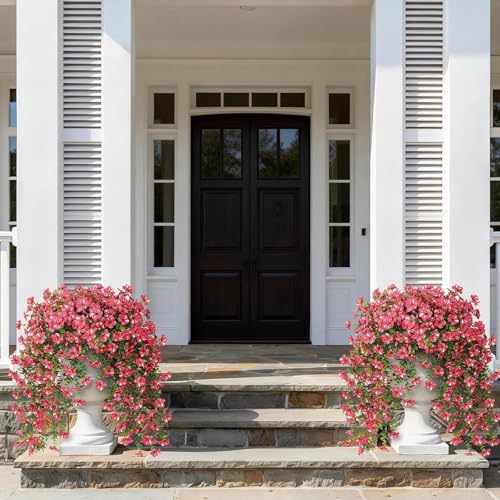 GLIDLION 4 PCS Artificial Morning Glory & Eucalyptus for Outside, Realistic Sun Resistant Fake Silk Hang Flower Faux Eucalyptus Leave for Patio Farmhouse Garden Porches Balcony Decor (Rose Red) - Image 3