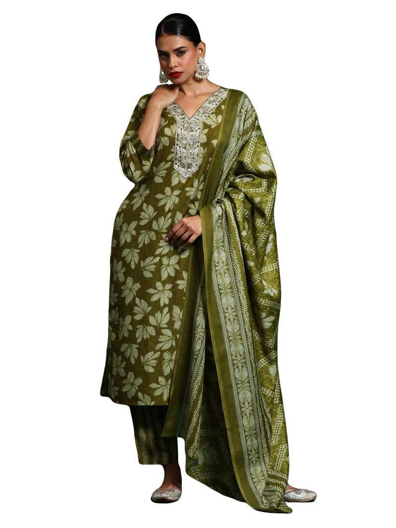 Varanga Women Floral Printed V Neck Kurta With Trouser & Dupatta - Image 1