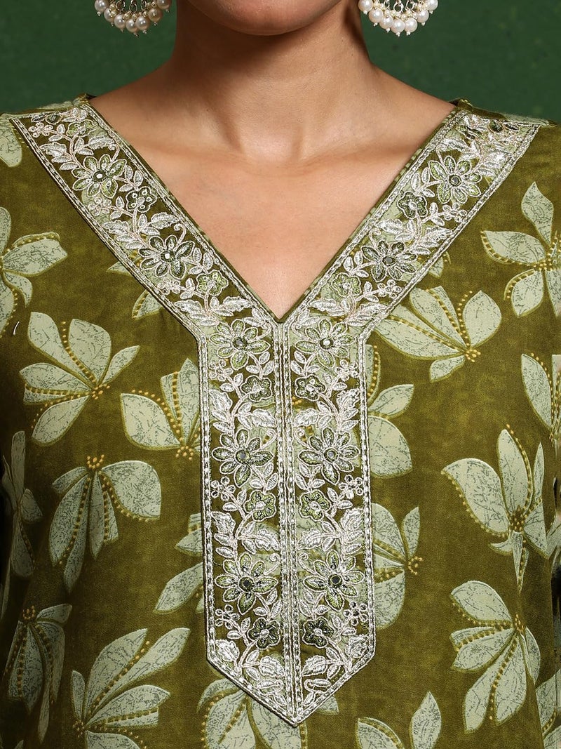 Varanga Women Floral Printed V Neck Kurta With Trouser & Dupatta - Image 5