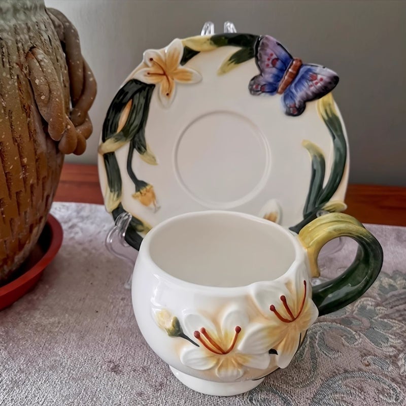 Hand Painted Butterfly And Lily Ceramic Coffee Cup Saucer Set 3.38oz Home Decoration - Image 2