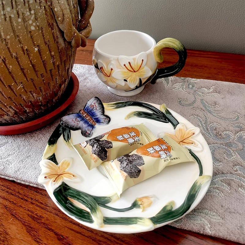Hand Painted Butterfly And Lily Ceramic Coffee Cup Saucer Set 3.38oz Home Decoration - Image 4