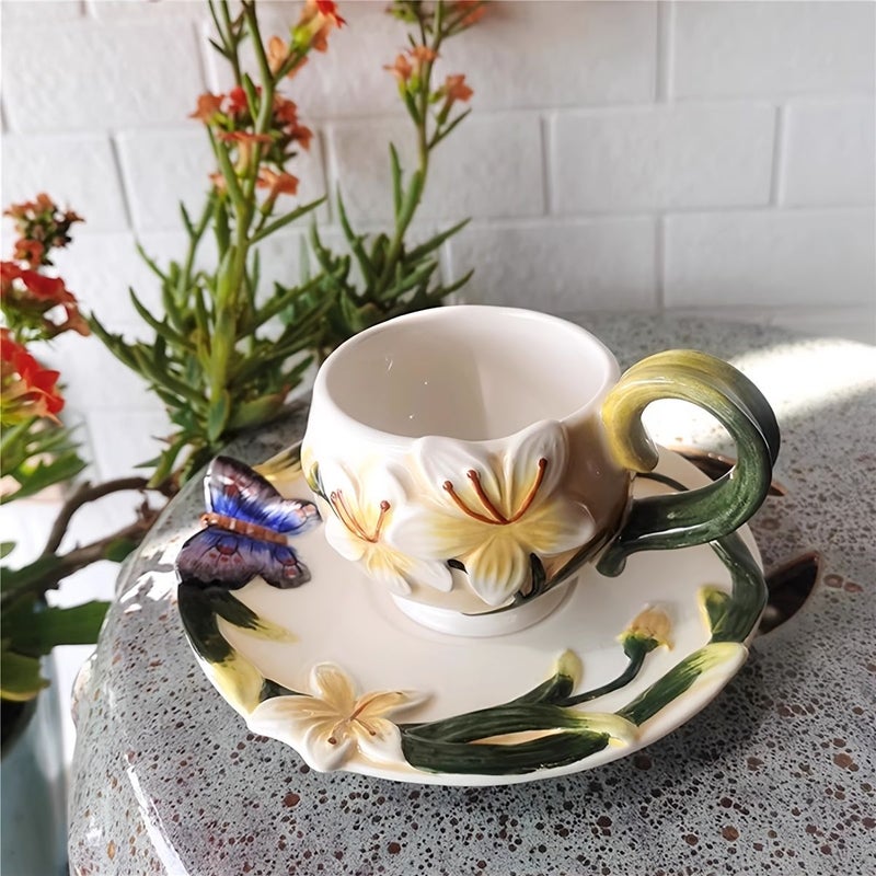 Hand Painted Butterfly And Lily Ceramic Coffee Cup Saucer Set 3.38oz Home Decoration - Image 5