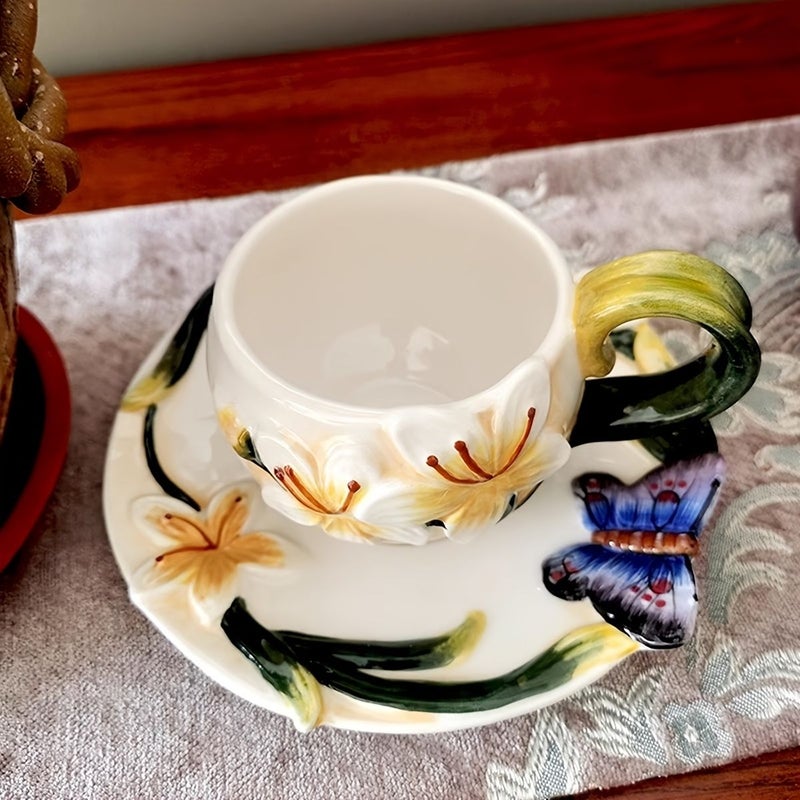 Hand Painted Butterfly And Lily Ceramic Coffee Cup Saucer Set 3.38oz Home Decoration - Image 3