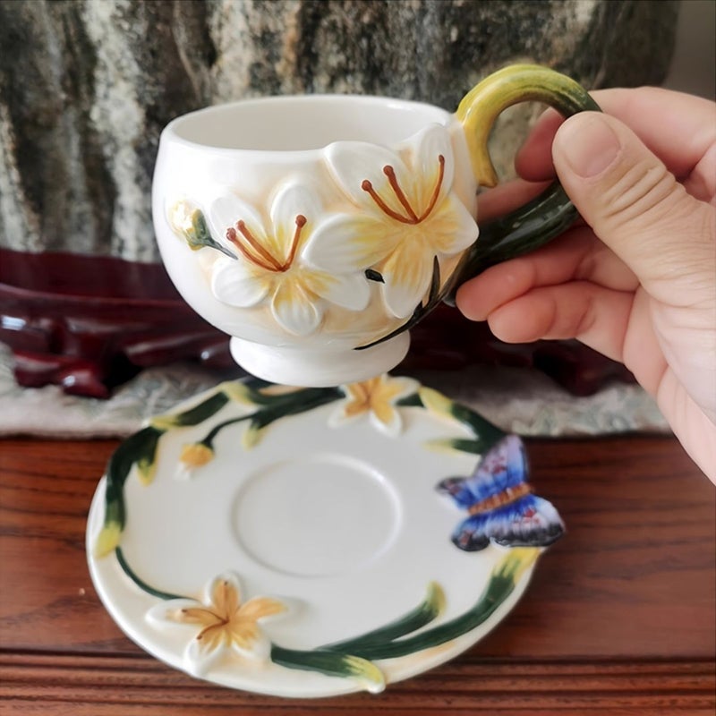Hand Painted Butterfly And Lily Ceramic Coffee Cup Saucer Set 3.38oz Home Decoration - Image 1