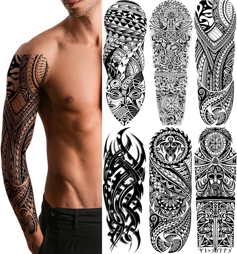 Briyhose Ready-to-ship local stock Totem Tribal Temporary Tattoo Sleeves, Full Arm Large Polynesian Hawaiian Tribal Fake Tattoos Sleeve For Men Women Adult, Black Viking Maori Temp Tatoo Sticker Leg Body Art Makeup, 6-Sheet Mountain region eligible ship - Image 1