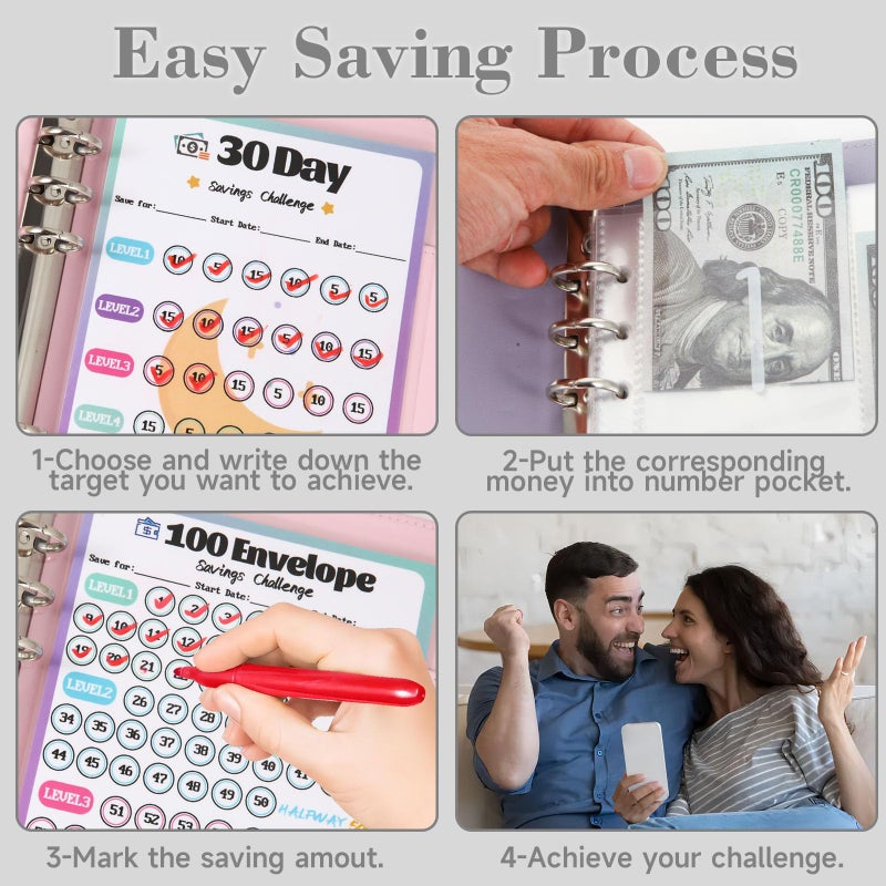 VAZOCA 2 Pack 100 Envelopes Money Saving Challenge, Cash Budget Planner A5 Binder, Savings Challenges Book Organizer Folder, with 3 Tracker to Save $5,050 and $2,600, $300, 100 Pre-numbered Pockets, Black & Red - Image 5