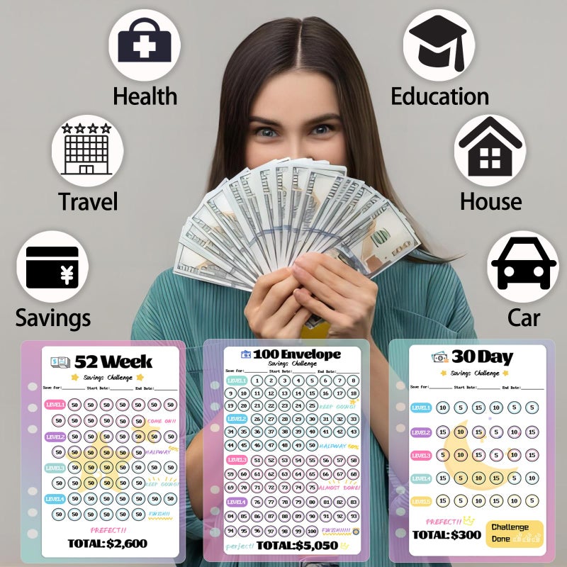 VAZOCA 2 Pack 100 Envelopes Money Saving Challenge, Cash Budget Planner A5 Binder, Savings Challenges Book Organizer Folder, with 3 Tracker to Save $5,050 and $2,600, $300, 100 Pre-numbered Pockets, Black & Red - Image 3