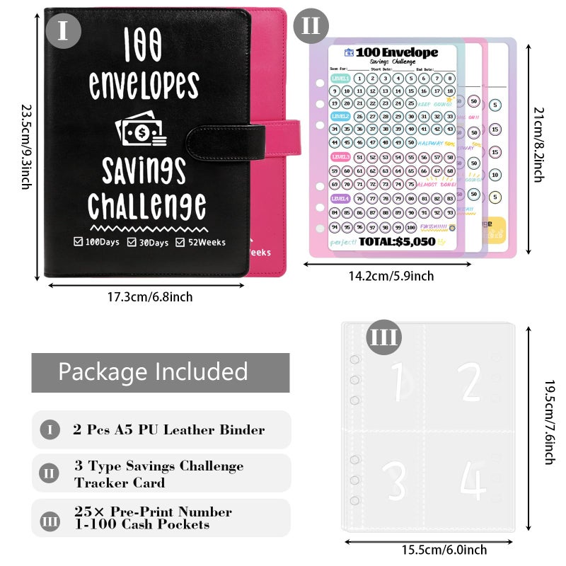 VAZOCA 2 Pack 100 Envelopes Money Saving Challenge, Cash Budget Planner A5 Binder, Savings Challenges Book Organizer Folder, with 3 Tracker to Save $5,050 and $2,600, $300, 100 Pre-numbered Pockets, Black & Red - Image 2