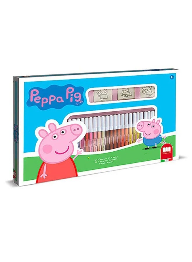 Peppa Pig مجموعة أقلام تلوين وطوابع بيبا بيغ 36 قطعة مع وسادة حبر وكتاب تلوين - مجموعة رسم وتلوين للأطفال - مستلزمات الفنون والحرف الإبداعية للأطفال - Image 1