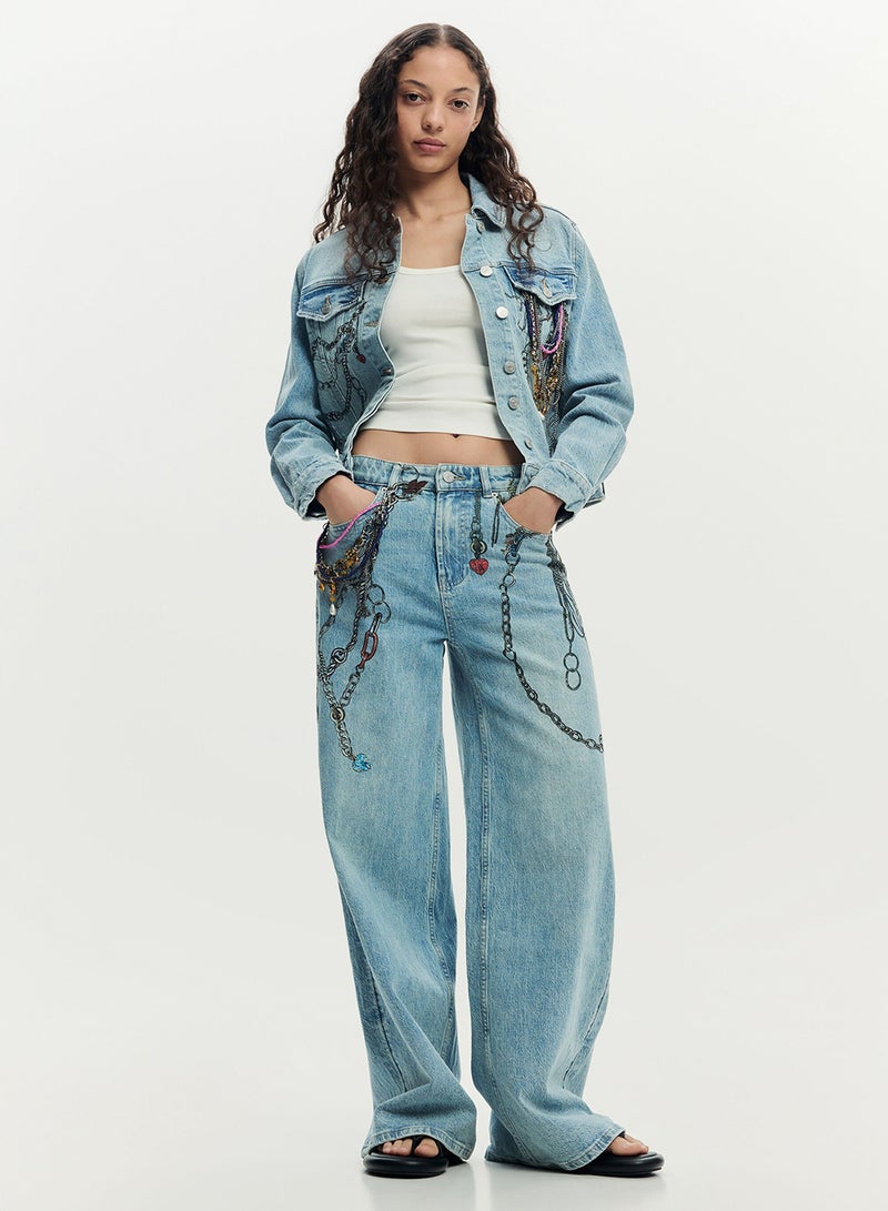 DESIGUAL Long Denim Trousers, Straight Cut With Chain Print - Image 1