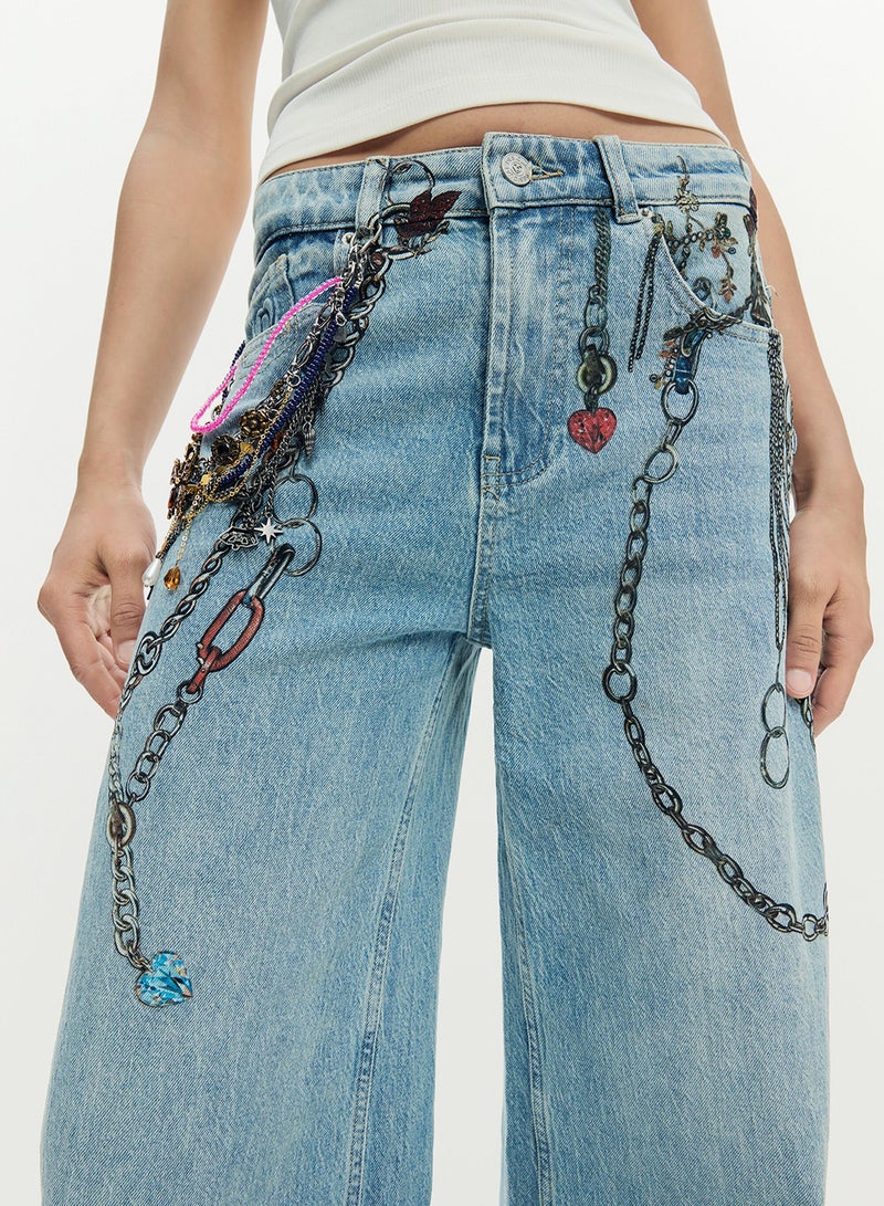 DESIGUAL Long Denim Trousers, Straight Cut With Chain Print - Image 4