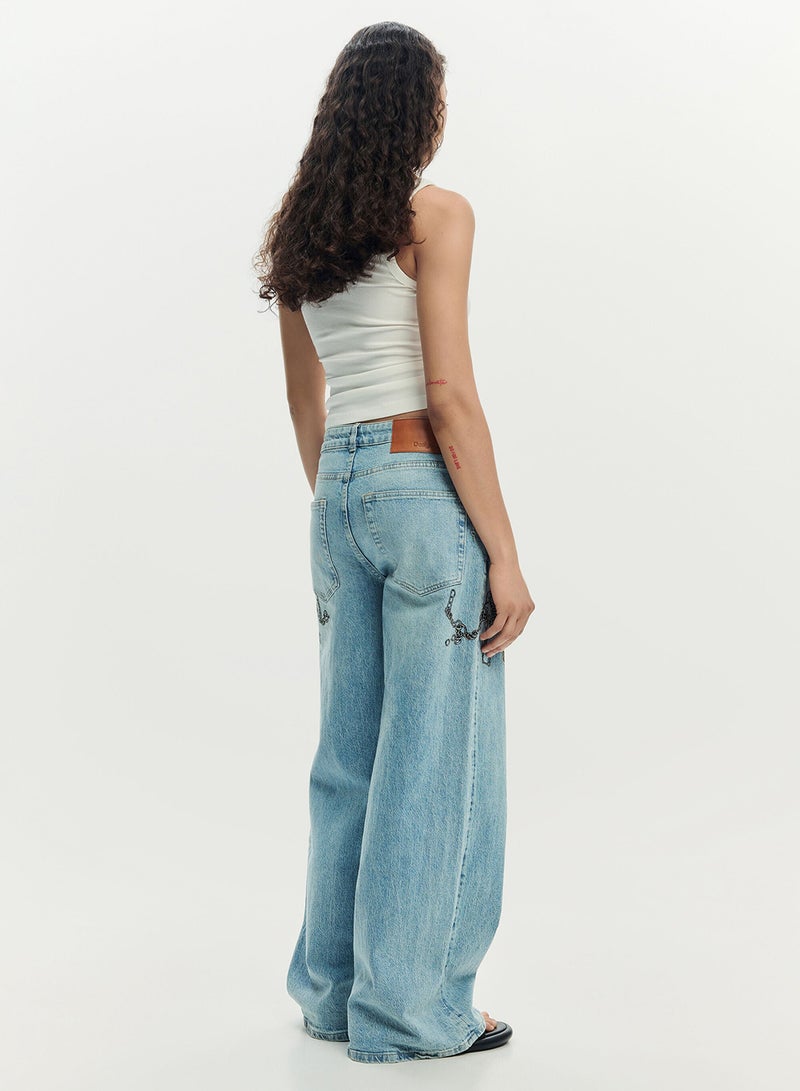DESIGUAL Long Denim Trousers, Straight Cut With Chain Print - Image 5