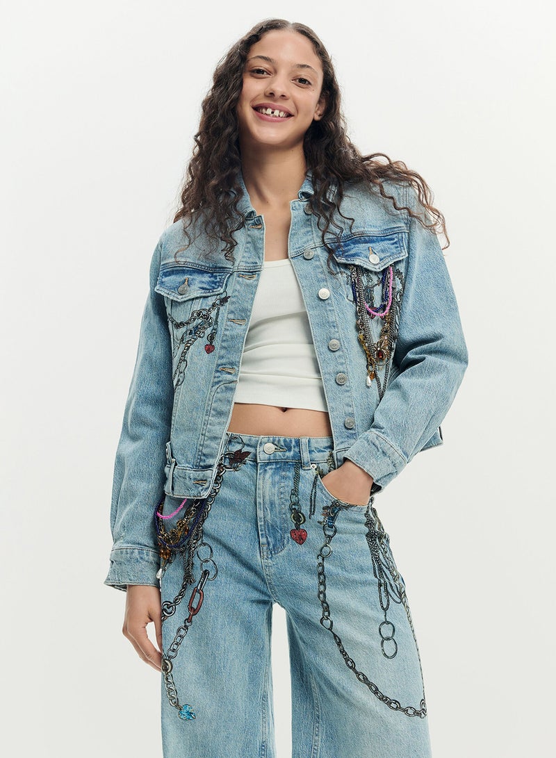 DESIGUAL Long Denim Trousers, Straight Cut With Chain Print - Image 3