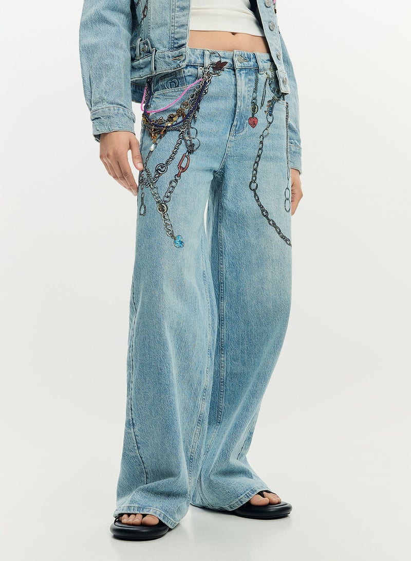 DESIGUAL Long Denim Trousers, Straight Cut With Chain Print - Image 2