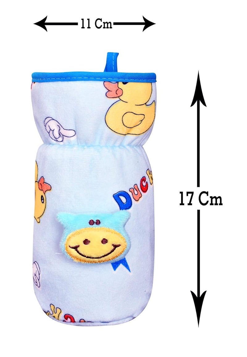 Lappu Soft Plush Stretchable Baby Feeding Bottle Cover Tote Bag Carrier Set of 2 (Wide Neck 125ml/4oz 240-330ml/8-11oz- Blue Yellow) - Image 3