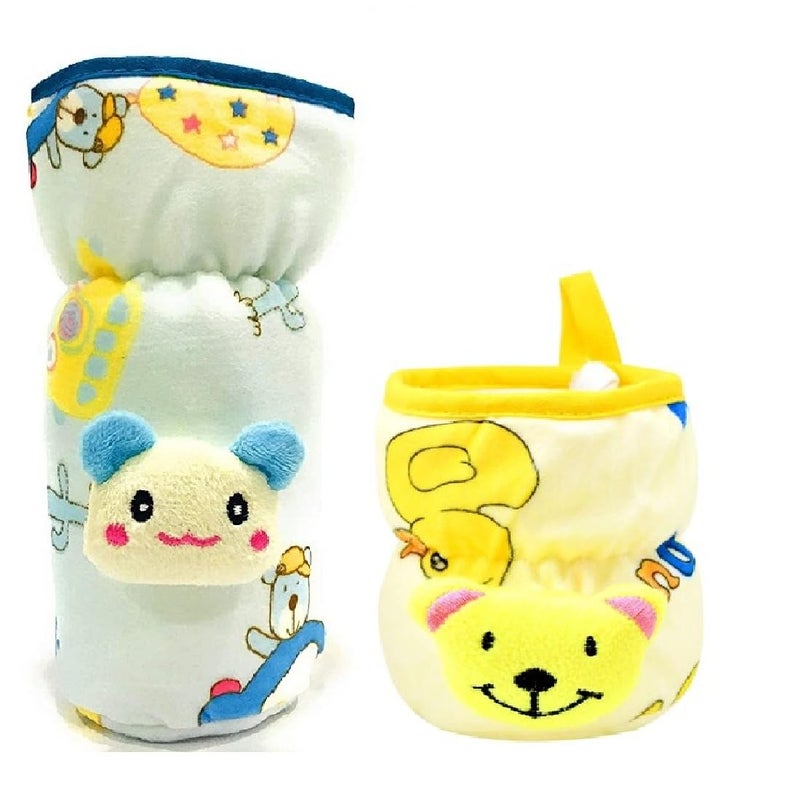 Lappu Soft Plush Stretchable Baby Feeding Bottle Cover Tote Bag Carrier Set of 2 (Wide Neck 125ml/4oz 240-330ml/8-11oz- Blue Yellow) - Image 1