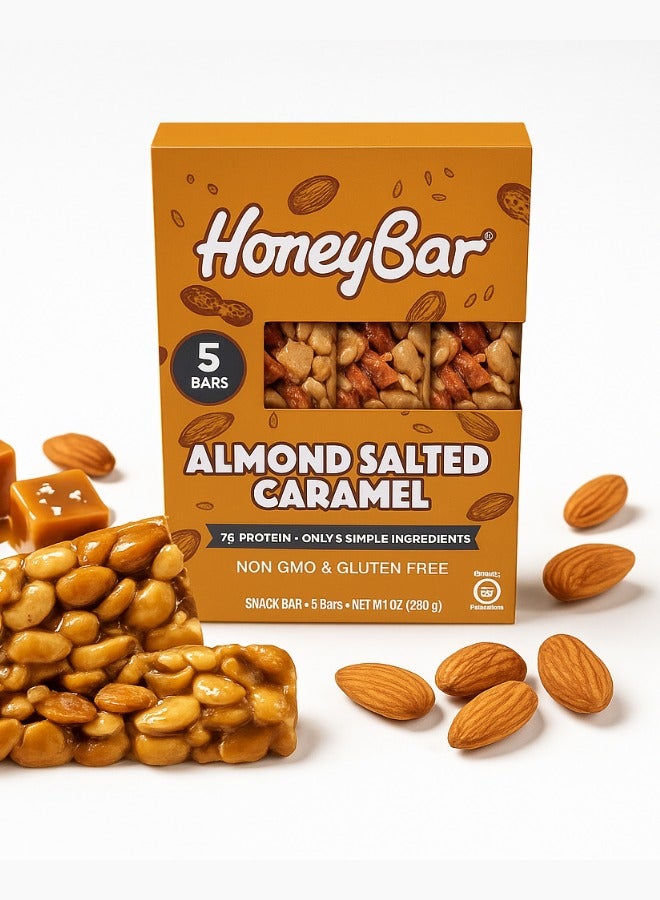 HoneyBar HoneyBar Almond Salted Caramel Snack Bars – 5 x 40g | 7g Protein, Gluten-Free, Halal, Vegetarian, Low Sodium, Non-GMO, Healthy Snack  - Image 1